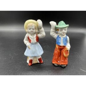 Vintage Farmer Girl And Cowboy Boy Figurines Japan Hat Apron